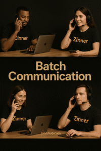 Four Remote Workers In Zinnhub T-Shirts Using Laptops And Headsets To Illustrate The Concept Of Batch Communication During Remote Work.