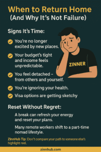 Infographic Titled 'When To Return Home (And Why It’s Not Failure)' By Zinnhub, Highlighting Five Signs Remote Workers May Need To Pause Travel, Including Loss Of Excitement, Financial Strain, Health Concerns, Emotional Detachment, And Visa Issues, Plus Guidance On Resetting And Support From The Zinner Community