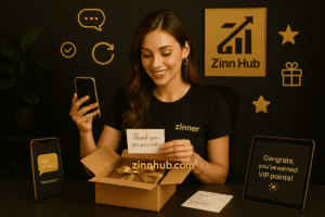 A Customer Unboxing A Beautifully Packaged Parcel With A Handwritten Note, As Live Chat And Loyalty Reward Notifications Appear On Her Phone And Tablet, Symbolising The Full B2C Customer Experience Beyond Checkout.