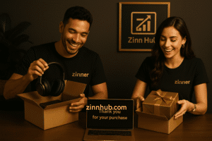 Two Zinner Freelancers At An Office Desk Open B2C Marketing Parcels One With Headphones, One With A Gold Gift With A Laptop Displaying &Quot;Thank You For Your Purchase&Quot; And A Zinn Hub Logo In The Background.