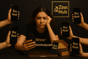 A Frustrated Freelancer In A Black &Quot;Zinner&Quot; Shirt Sits At Her Desk While Multiple Hands Push Mobile Phones At Her, Each Displaying The Message &Quot;Buy Now!&Quot;—Illustrating A B2C Marketing Mistake Of Overwhelming The Customer With Aggressive Sales.