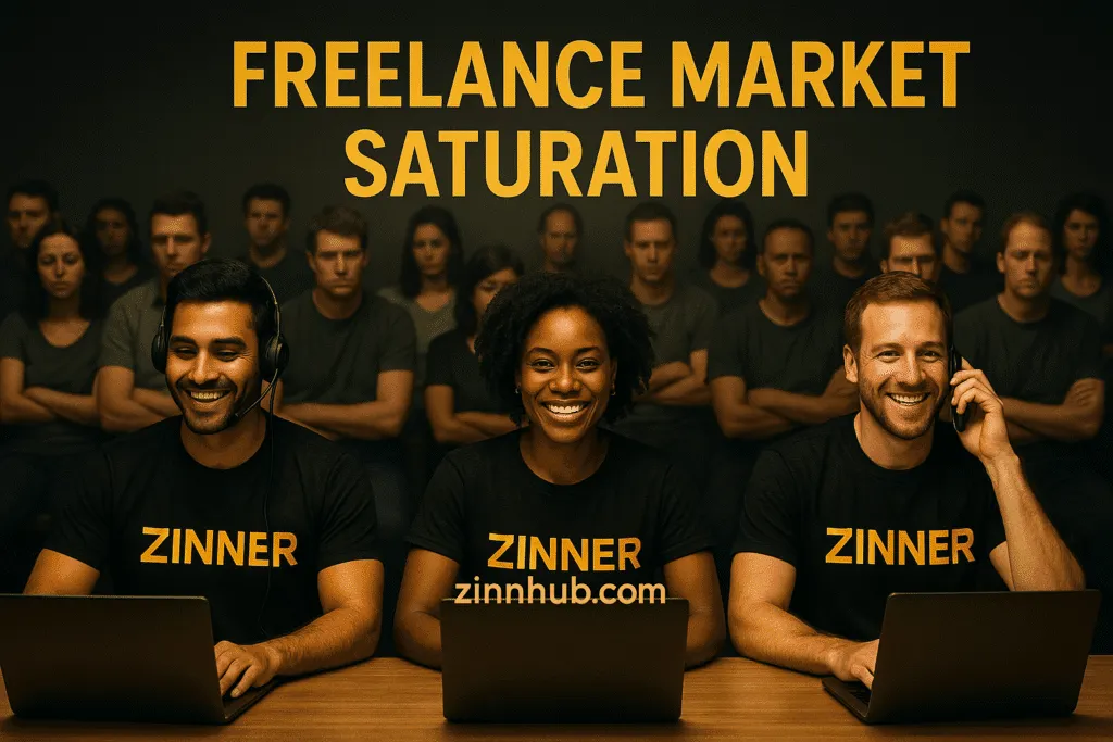 Freelance Market Saturation Visual Showing Engaged Zinner Freelancers In Front And Bored Workers In Back.