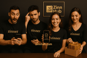 Four Freelancers In Black &Quot;Zinner&Quot; Shirts Illustrate The B2C Buyer Journey, From Product Discovery To Unboxing, In A Gold And Black Zinn Hub Office Setting.