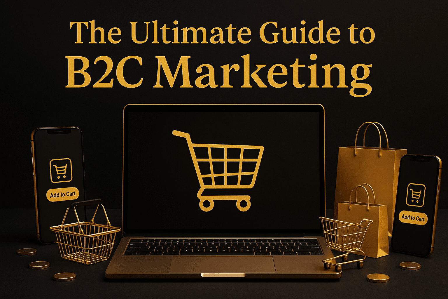 B2C Marketing Illustration With Laptop, Shopping Cart, And E-Commerce Icons.