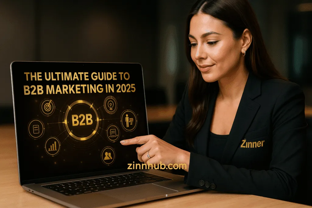 The Ultimate Guide To B2B Marketing In 2025 3 Zinn Hub Marketplace Freelancer Displaying 'The Ultimate Guide To B2B Marketing In 2025' On Laptop Screen.