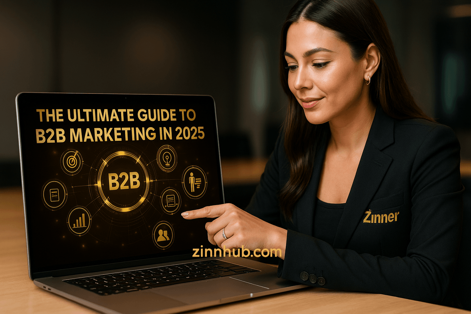 Zinn Hub Marketplace Freelancer Displaying 'The Ultimate Guide To B2B Marketing In 2025' On Laptop Screen.