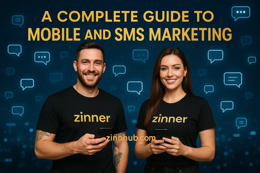 Two Zinner Freelancers Smiling And Holding Smartphones Under The Title 'A Complete Guide To Mobile And Sms Marketing' With A Digital Message-Themed Background.