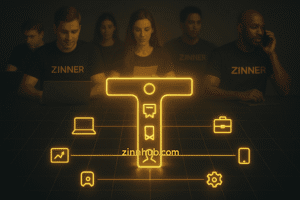 Golden T-Shaped Skill Diagram With Diverse Freelancers Wearing Zinner Shirts Working On Laptops In Background