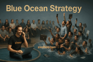 Zinn Hub Zinner Freelancer Succeeding Calmly While Others Scramble, Symbolising Blue Ocean Strategy