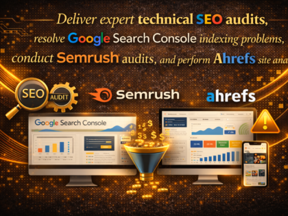 Deliver expert technical SEO audits, resolve Google Search Console indexing problems, conduct Semrush audits, and perform Ahrefs site analysis
