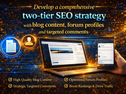 Develop a comprehensive two-tier SEO strategy with blog content, forum profiles and targeted comments