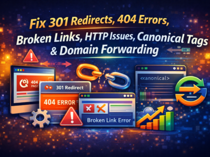 Fix 301 Redirects, 404 Errors, Broken Links, HTTP Issues, Canonical Tags & Domain Forwarding