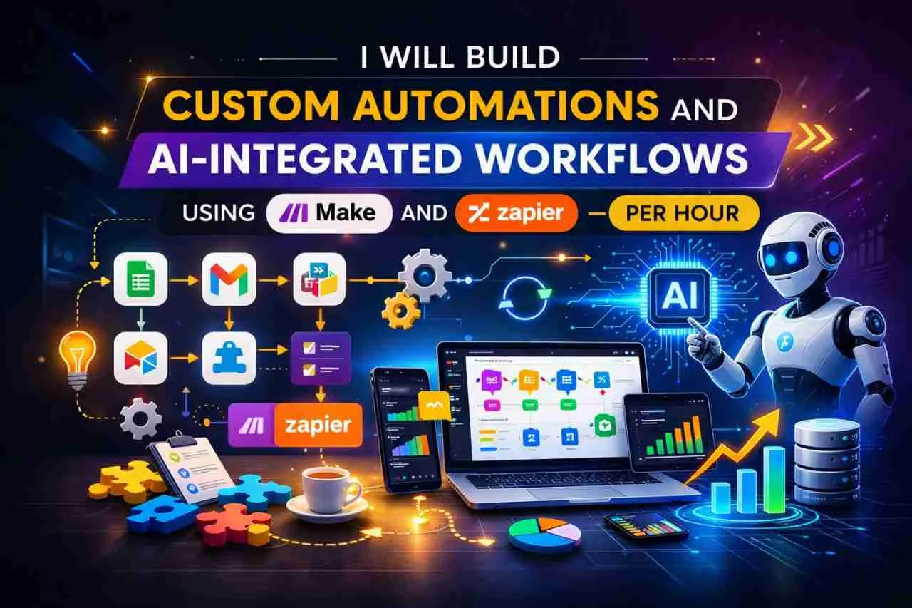 I Will Build Custom Automations And Ai-Integrated Workflows Using Make And Zapier — Per Hour 1 I Will Build Custom Automations And Ai-Integrated Workflows Using Make And Zapier — Per Hour