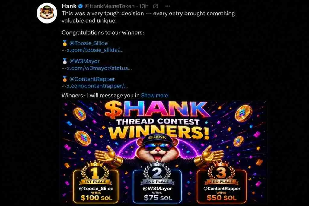 Web3 Thread Contest - 1st Place Winner, $HANK on Solana.