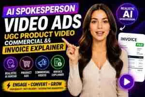will create AI spokesperson video ads, UGC product video, commercial and invoice explainer