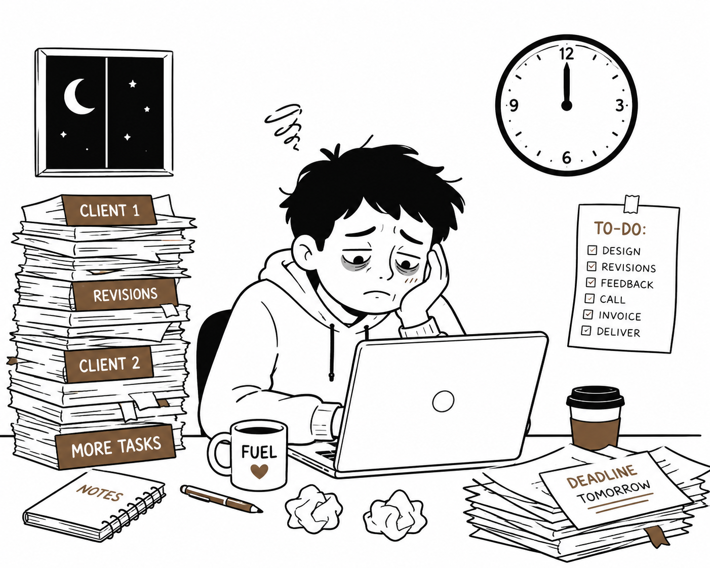 Freelancer Overwhelmed At Desk Late At Night