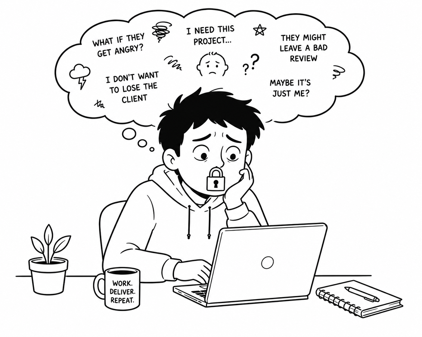 Why Freelancers Stay Silent - Freelancer With Locked Mouth And Anxious Thoughts