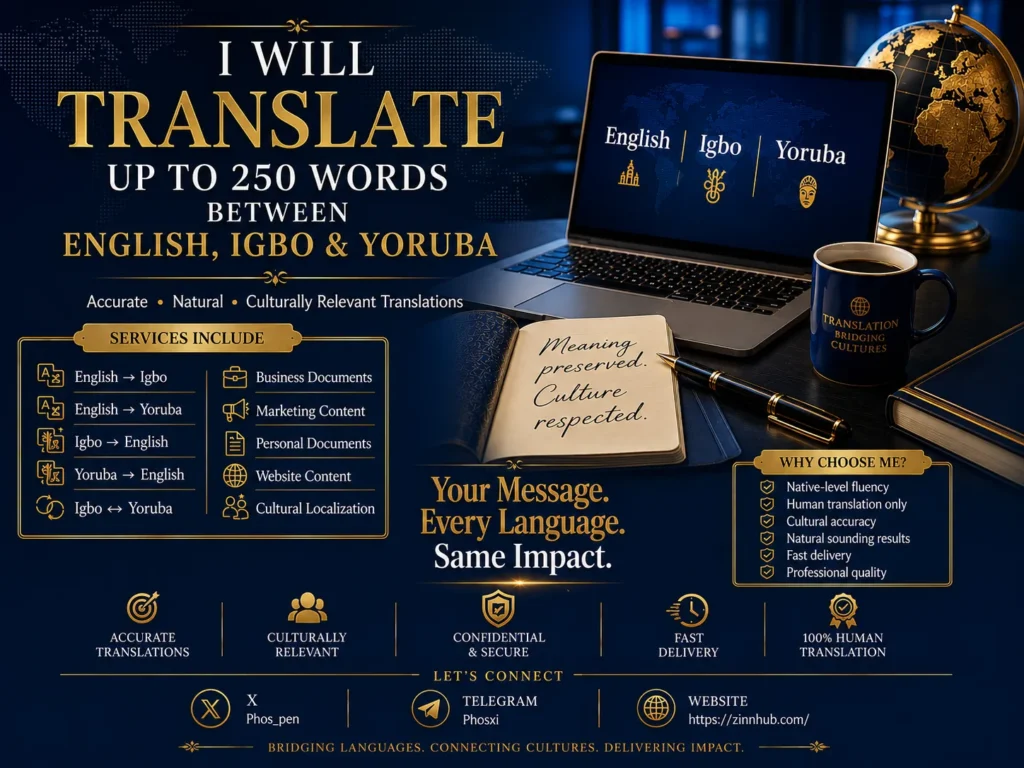 Traducir&eacute; hasta 250 palabras entre ingl&eacute;s, igbo y yoruba