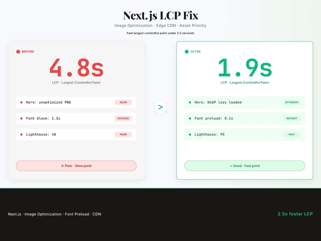 በNext.js ጣቢያ ላይ LCPን ከ4.8s ወደ 1.9s ቀንሻለሁ።