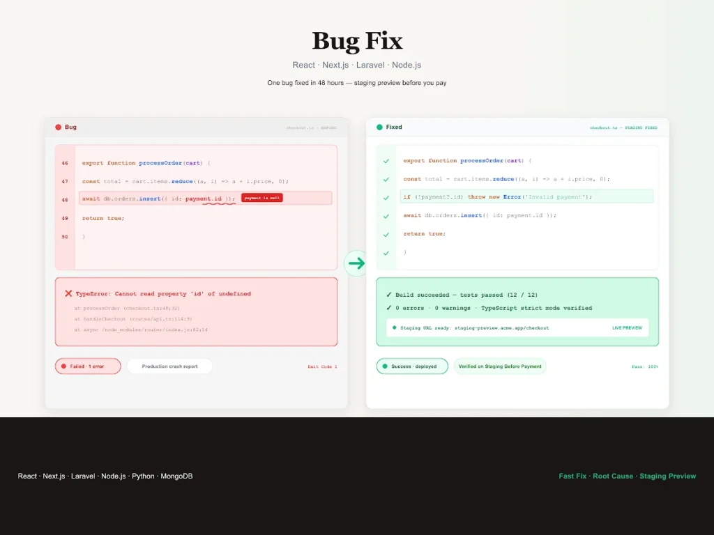 သင့် React, Next.js သို့မဟုတ် Laravel အက်ပ်ရှိ bug တစ်ခုကို ကျွန်ုပ်ပြင်ပေးပါမည်။