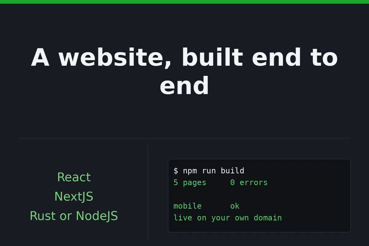 Ես կստեղծեմ ձեր կայքը ամբողջությամբ՝ React կամ Next.js ֆրոնտ, Rust կամ Node բեք 1 Ես կստեղծեմ ձեր կայքը ամբողջությամբ՝ React կամ Next.js ֆրոնտ, Rust կամ Node բեք