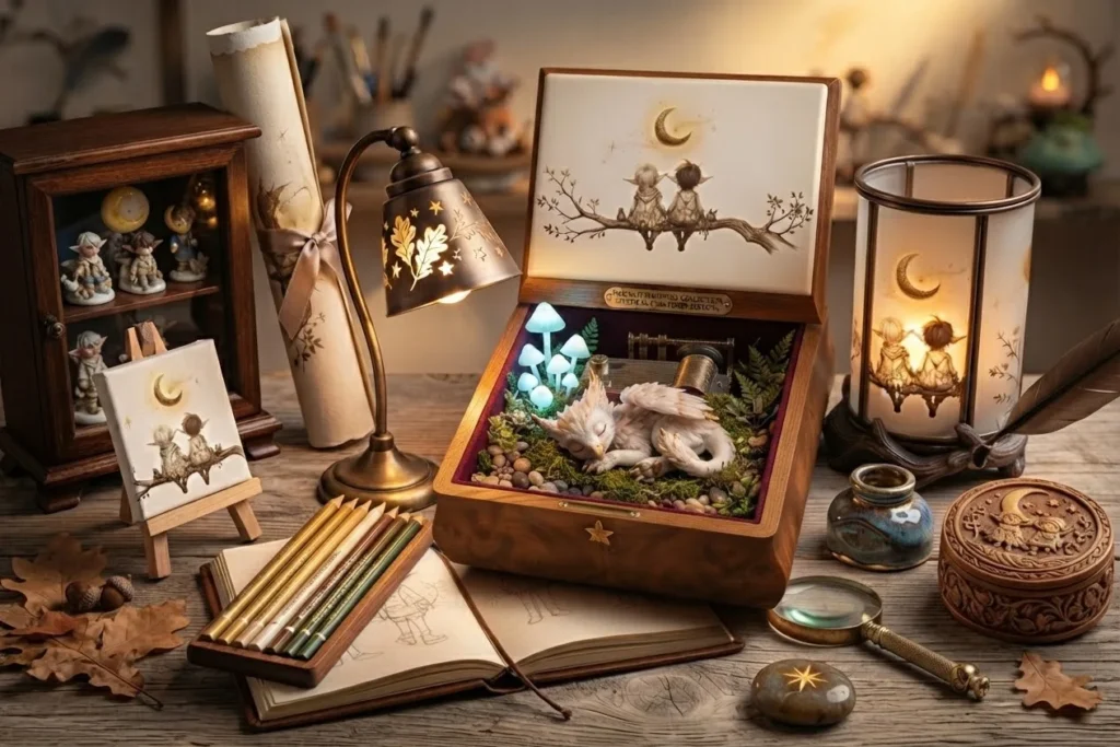 I will will create a cozy fantasy illustration of goblins under a glowing moon)