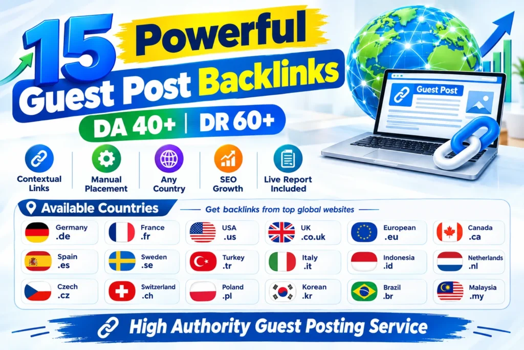 Ich werde 15 leistungsstarke Gastbeitrags-Backlinks auf DA 40 DR 60 Websites f&uuml;r jedes Land erstellen