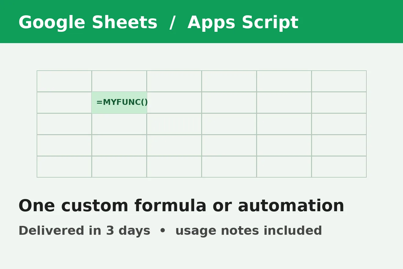 ฉันจะสร้างสูตร Google ชีตหนึ่งสูตรหรือระบบอัตโนมัติ Apps Script หนึ่งรายการ 1 ฉันจะสร้างสูตร Google ชีตหนึ่งสูตรหรือระบบอัตโนมัติ Apps Script หนึ่งรายการ