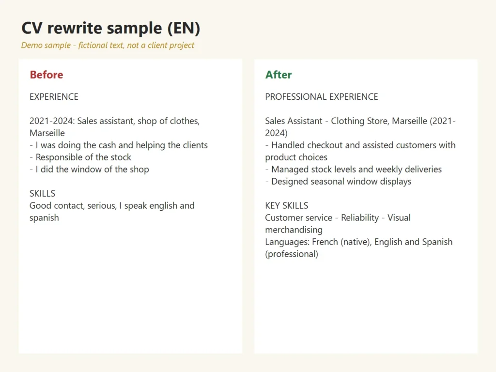I will Rewrite Your CV in Clear, Professional English 3 Sample: CV experience section rewritten in English