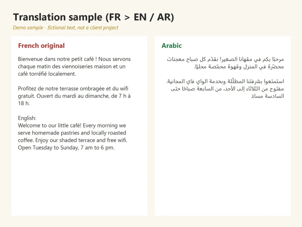 Sample: café text translated FR to EN and AR