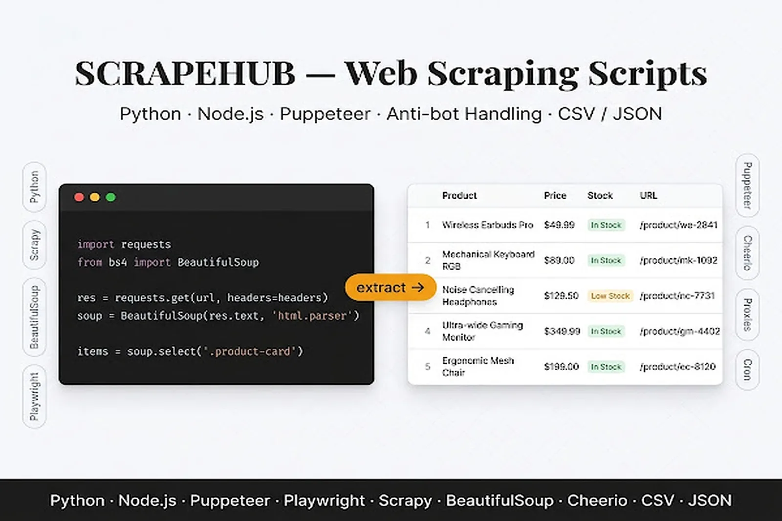 Ще създам уеб скрепер на Python или Node.js с обработка против ботове и чист CSV или JSON изход 4 Zinn Hub