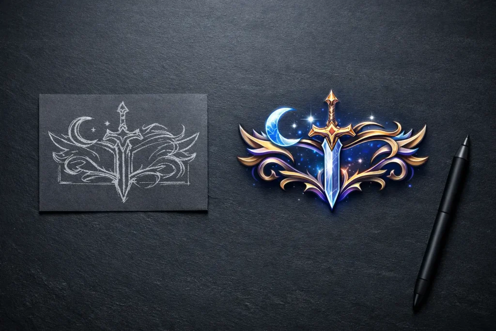Creează un logo text fantasy JRPG pentru jocul sau banda ta desenată